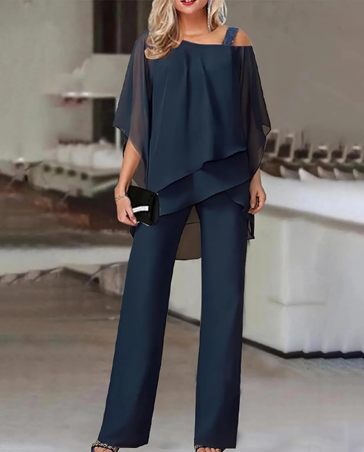 Bengbobar Pant Suits for Women Dressy 2 Piece Outfits Dressy Pant Suits Wedding Casual Chiffon Wide Leg Pant Jumpsuit Sets