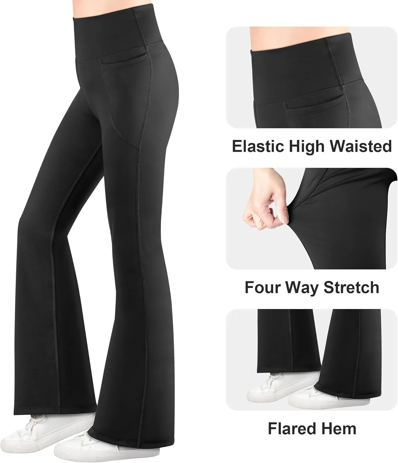 BIG ELEPHANT Girl's Flare Leggings with Pockets, Kids Bootcut Yoga Pants, High Waisted Bell Bottoms for Dance