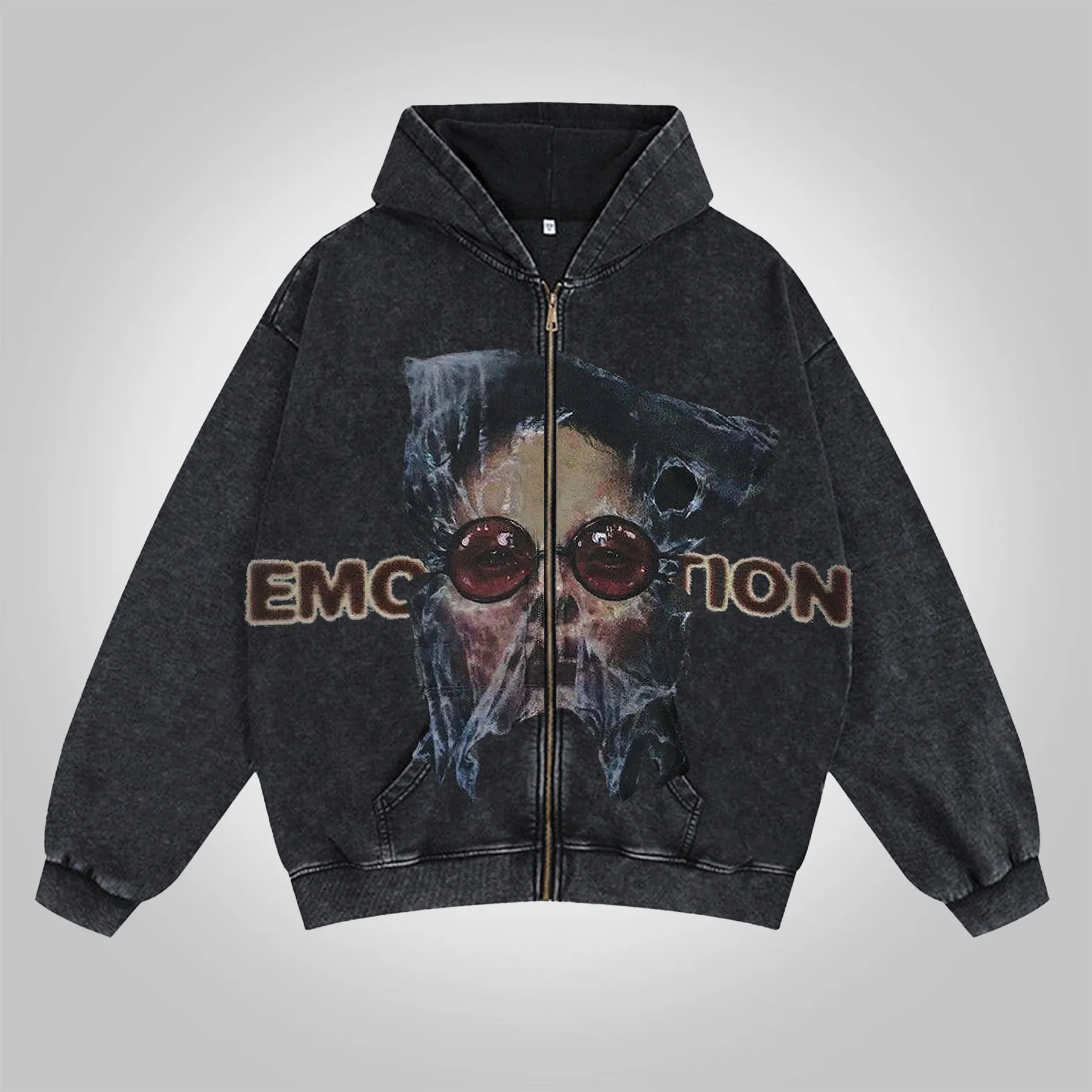 Blavra Men's Emotion Less Portrait Graphic Washed Zip-Up Hoodie