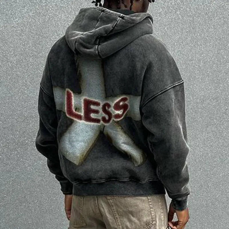Blavra Men's Emotion Less Portrait Graphic Washed Zip-Up Hoodie