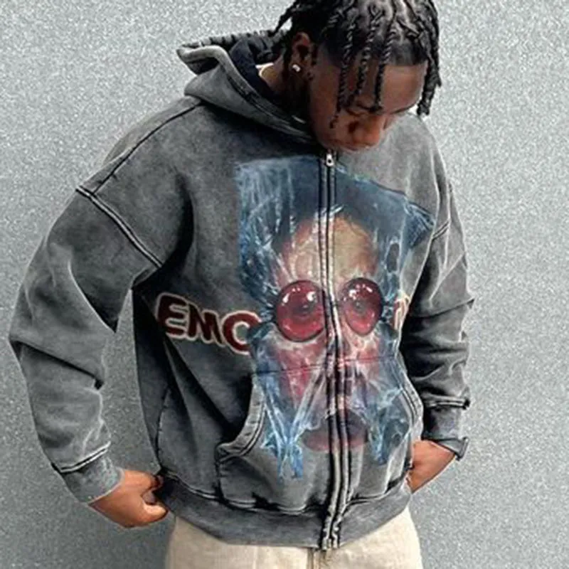 Blavra Men's Emotion Less Portrait Graphic Washed Zip-Up Hoodie