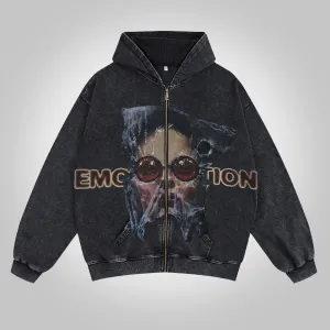 Blavra Men's Emotion Less Portrait Graphic Washed Zip-Up Hoodie