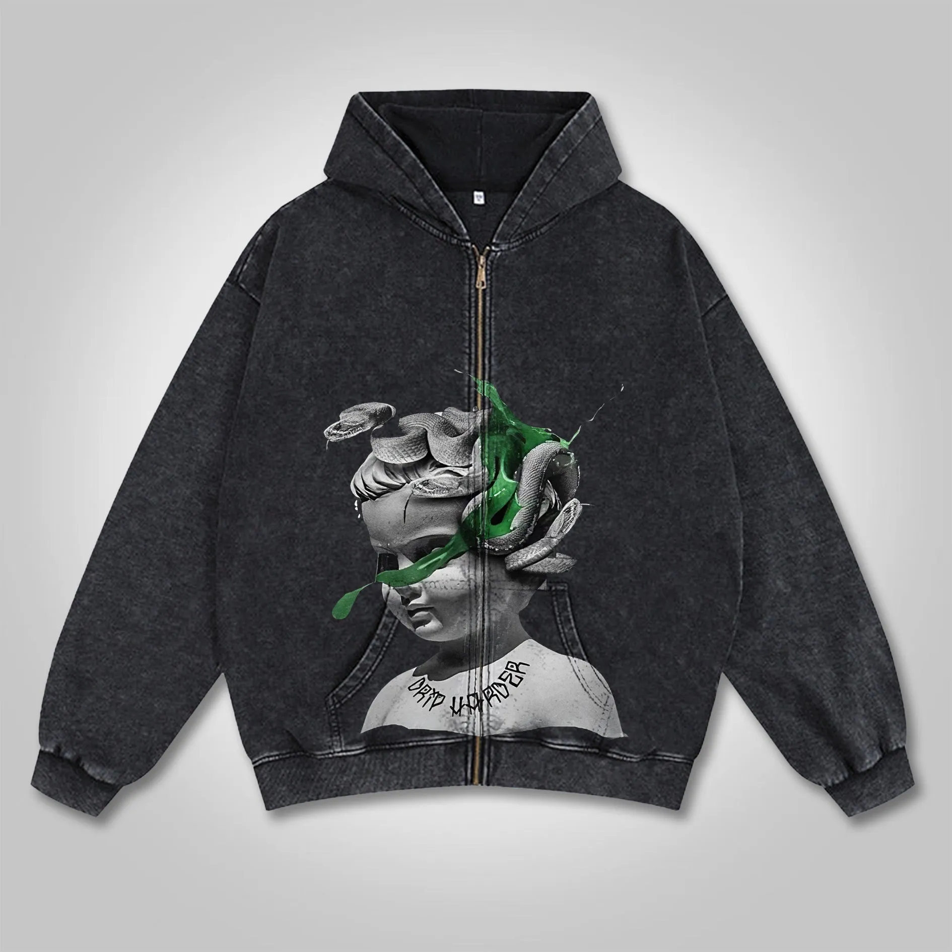 Blavra Relaxed Vintage Art Graphic Washed Oversized Zip-Up Hoodie