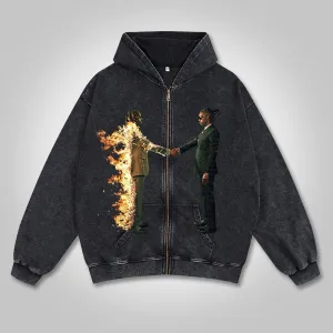 Blavra Relaxed Vintage Boomin Tour Graphic Acid Washed Oversized Zip-Up Hoodie