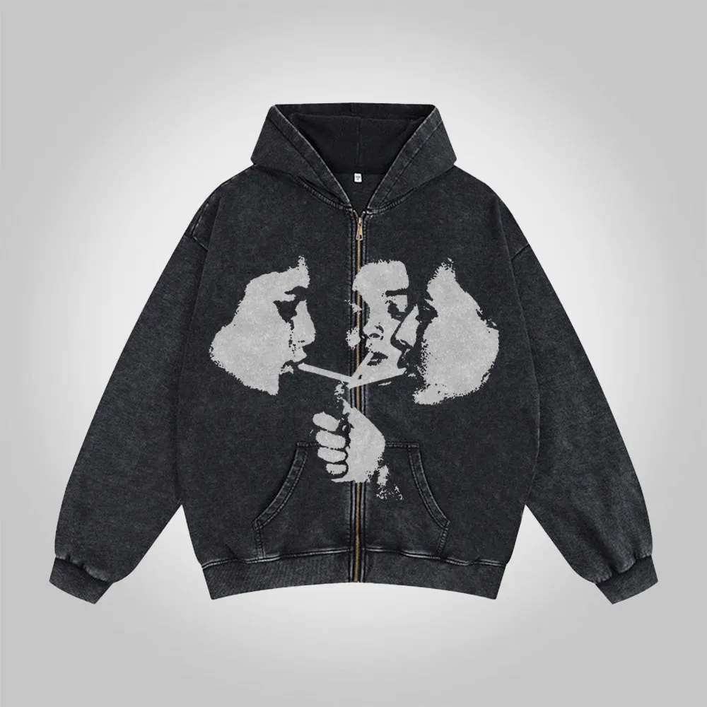 Blavra Relaxed Vintage Graphic Acid Washed Oversized Zip-Up Hoodie