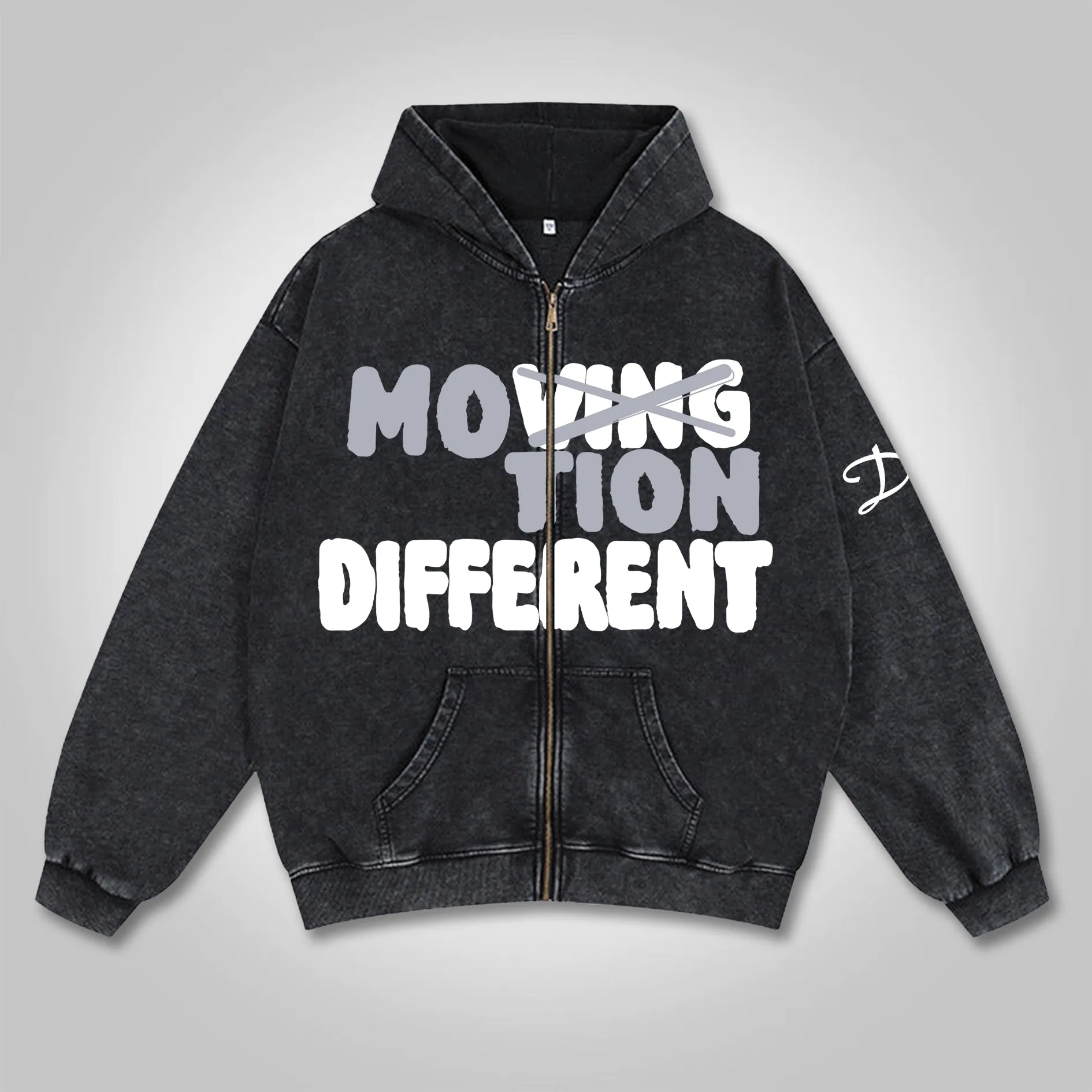 Blavra Relaxed Vintage Motion Different Graphic Acid Washed Oversized Zip-Up Hoodie