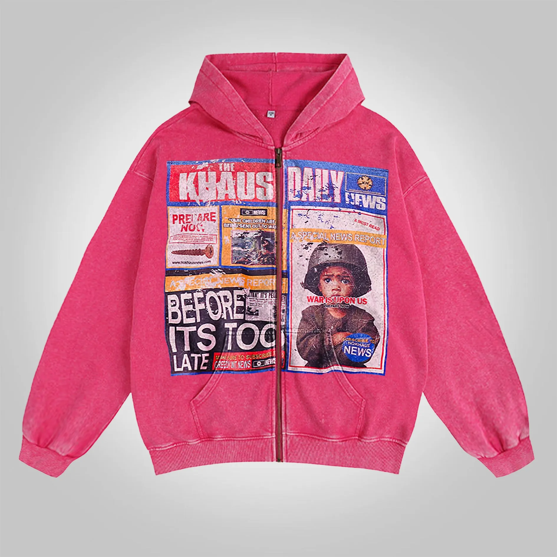 Blavra Stop The War Print Acid Washed Oversized Zip-Up Hoodie