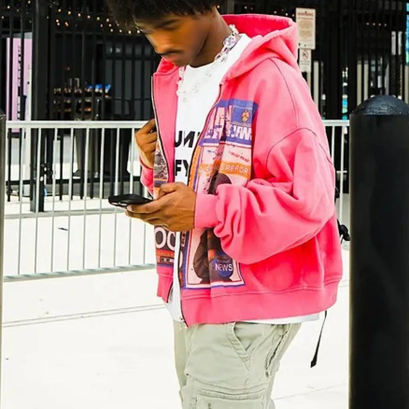 Blavra Stop The War Print Acid Washed Oversized Zip-Up Hoodie