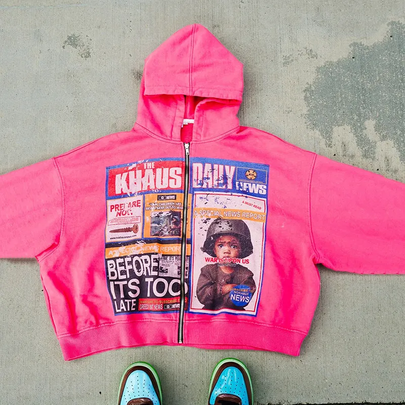 Blavra Stop The War Print Acid Washed Oversized Zip-Up Hoodie