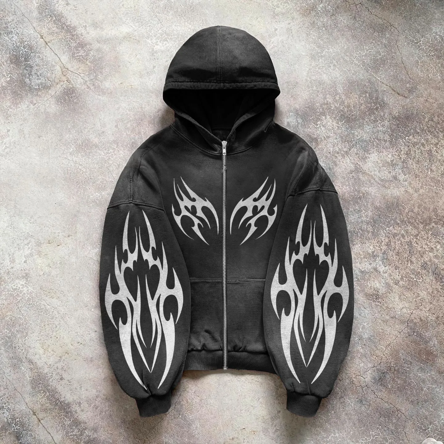 Blavra Totem Print Washed Cotton Zip-Up Hoodie