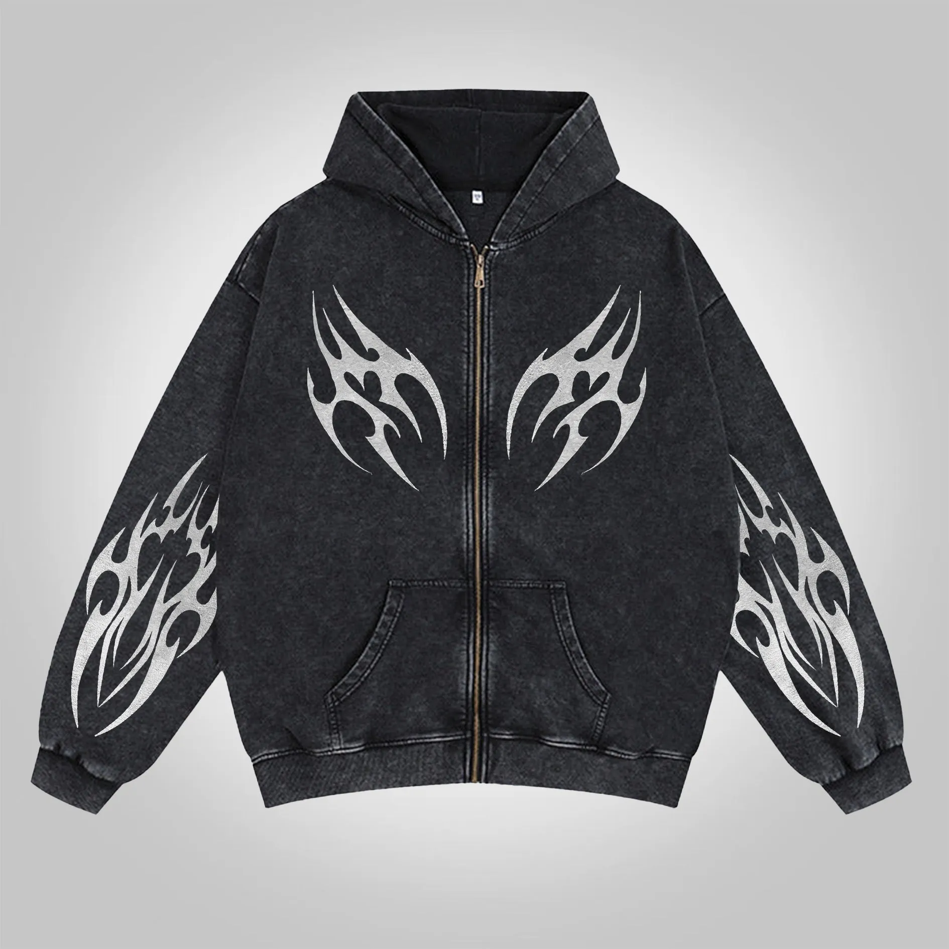 Blavra Totem Print Washed Cotton Zip-Up Hoodie