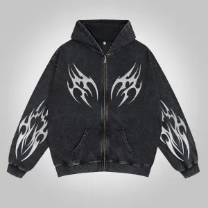 Blavra Totem Print Washed Cotton Zip-Up Hoodie
