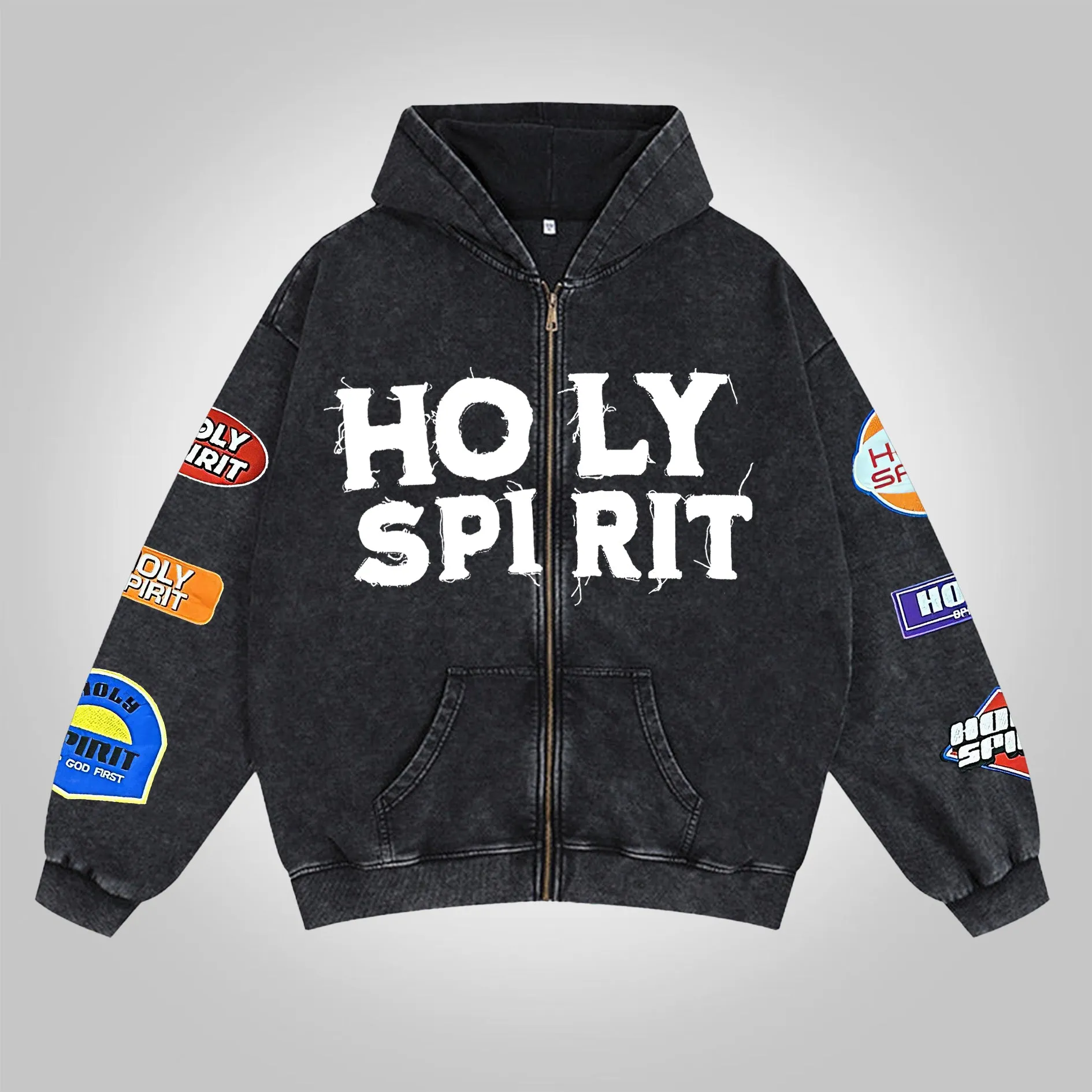Blavra Vintage Holy Spirit Graphic Washed Zip-Up Hoodie