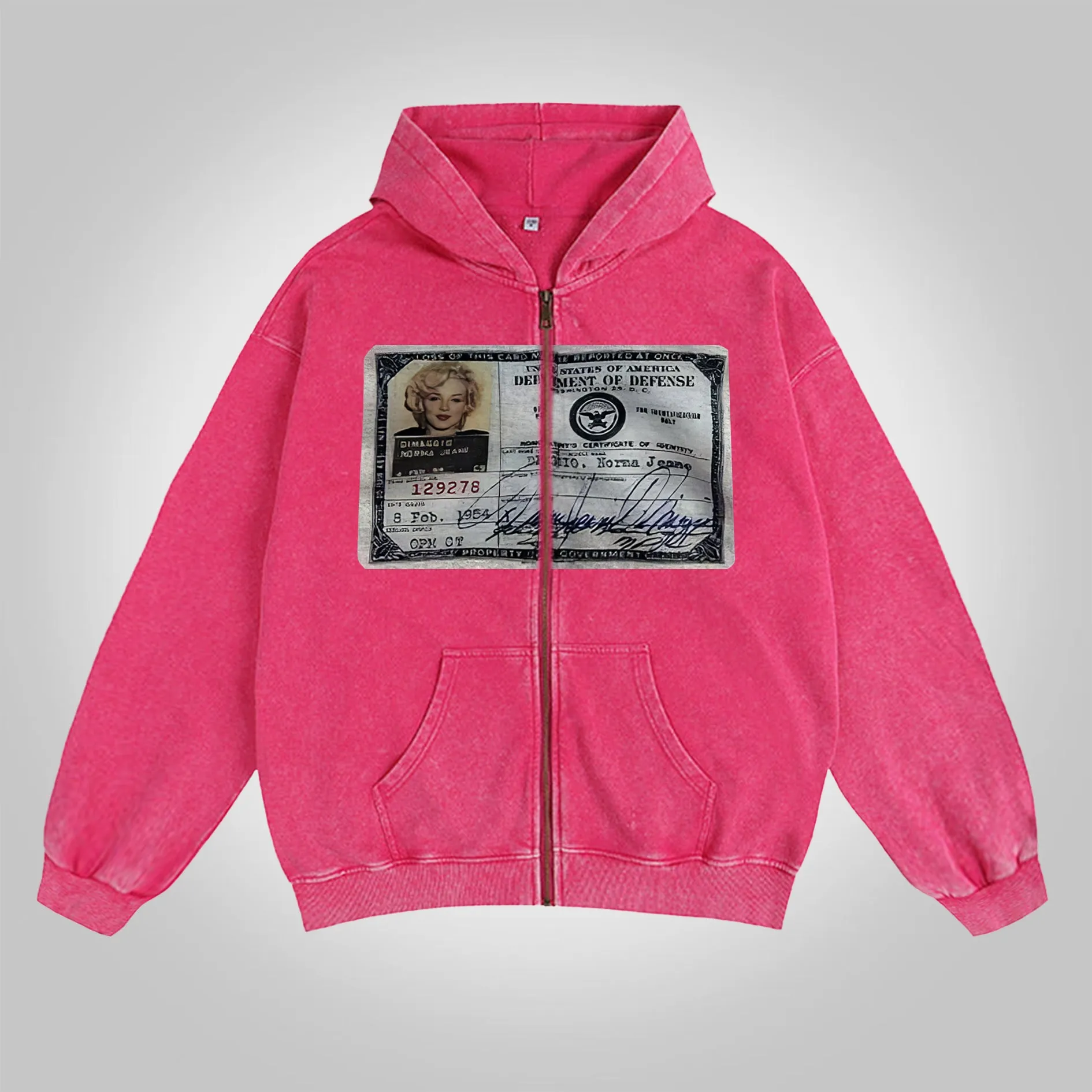 Blavra Vintage ID Card Graphic Washed Zip-Up Hoodie