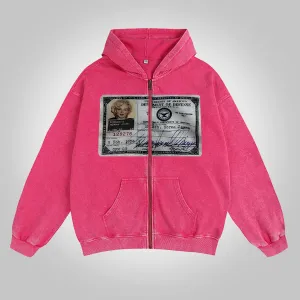 Blavra Vintage ID Card Graphic Washed Zip-Up Hoodie