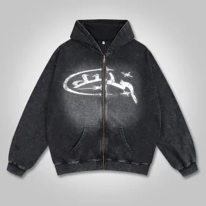 Blavra Vintage Letter Graphic Washed Zip-Up Hoodie