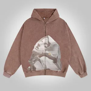 Blavra Vintage Mater Dei Graphic Acid Washed Oversized Zip-Up Hoodie