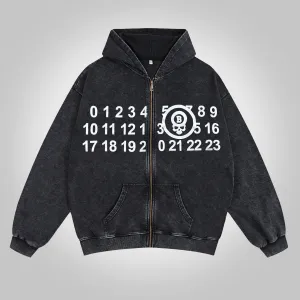 Blavra Vintage Mm6 Print Washed Cotton Zip-Up Hoodie