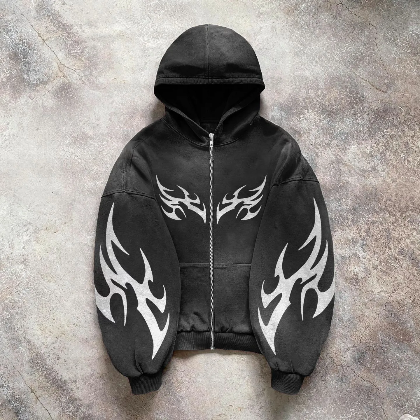 Blavra Vintage Pattern Print Washed Cotton Zip-Up Hoodie