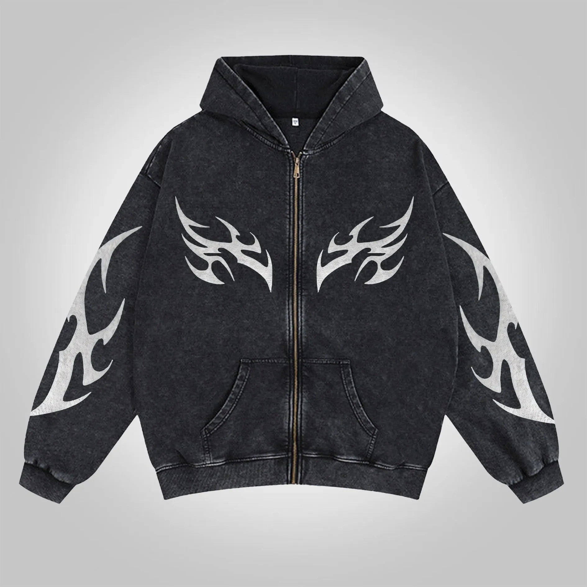 Blavra Vintage Pattern Print Washed Cotton Zip-Up Hoodie
