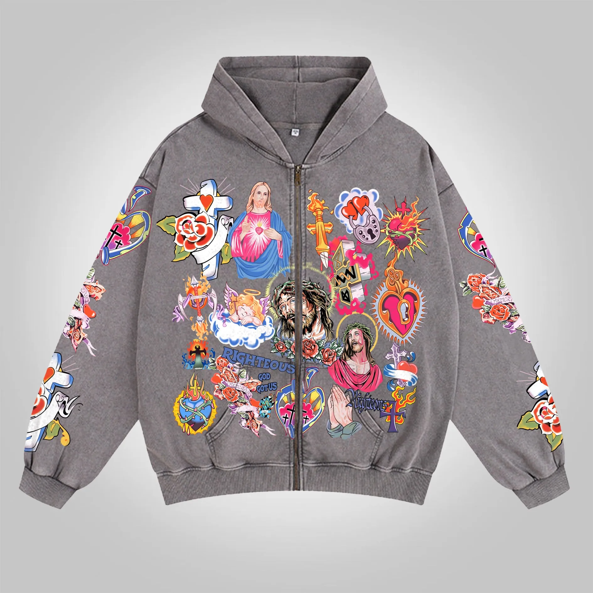 Blavra Vintage Risen King Graphic Washed Zip-Up Hoodie