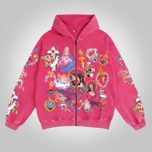 Blavra Vintage Risen King Graphic Washed Zip-Up Hoodie