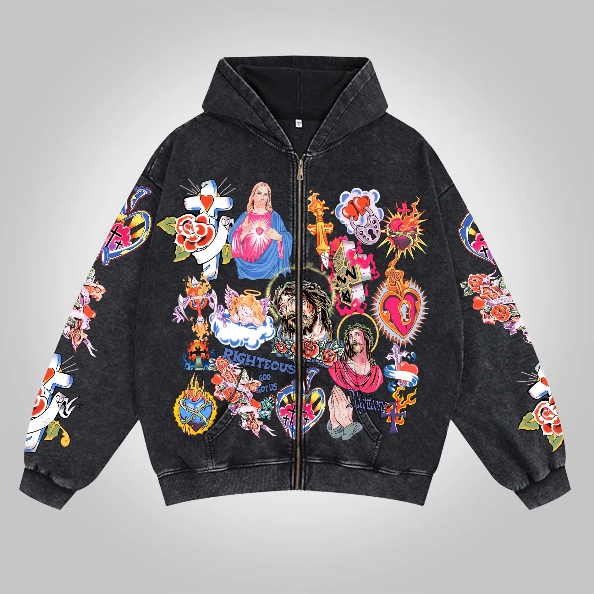 Blavra Vintage Risen King Graphic Washed Zip-Up Hoodie