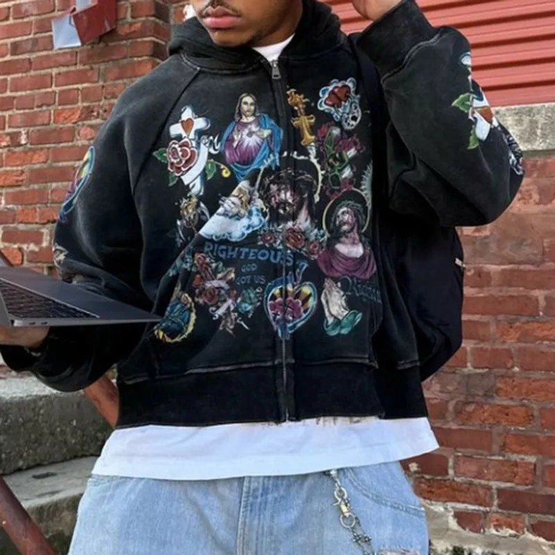 Blavra Vintage Risen King Graphic Washed Zip-Up Hoodie