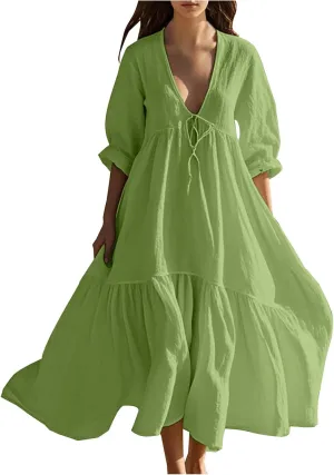 Boho Summer Dresses for Women Casual V Neck Beach Flowy Sundress Ladies Fashion Vacation Cotton Linen Maxi Dress