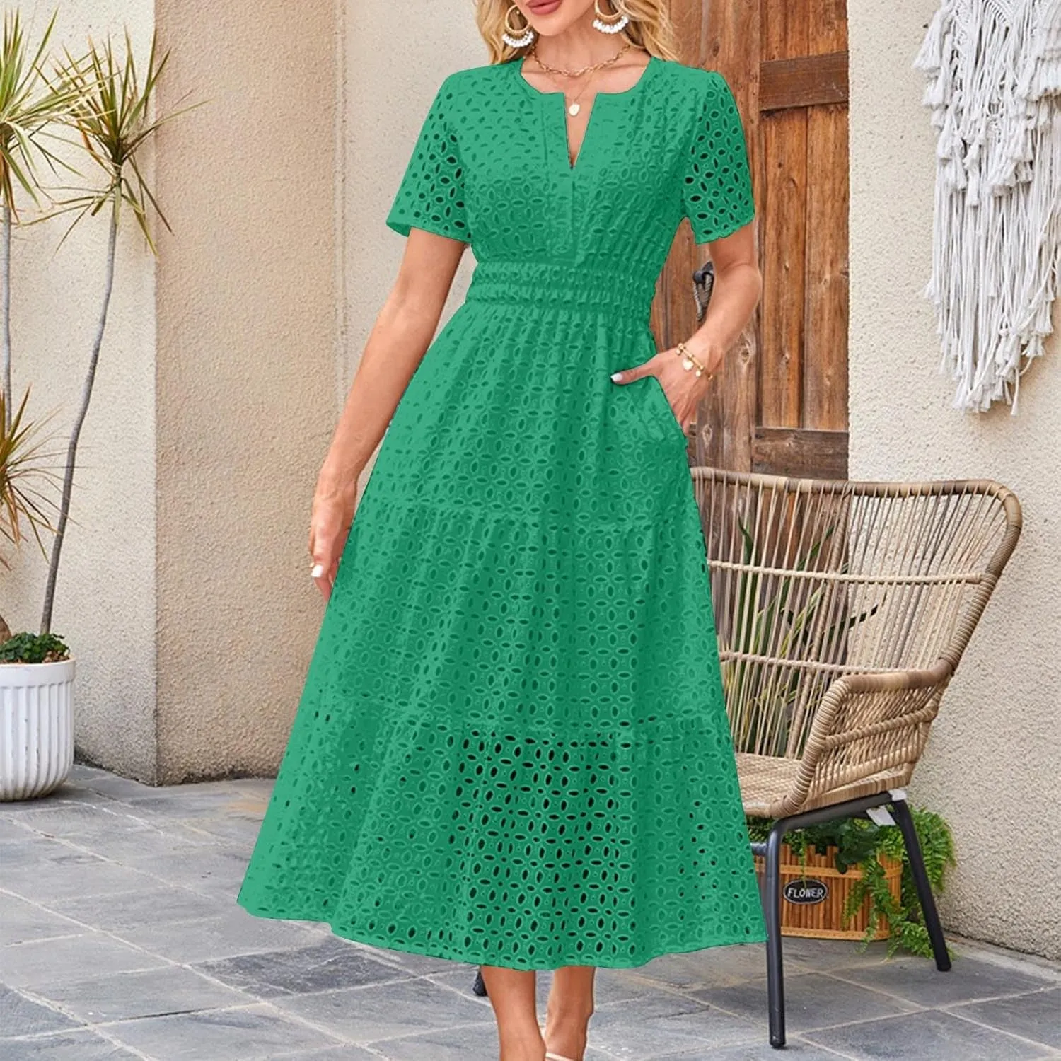 Borniu Womens 2025 Summer Maxi Dress Short Sleeve V Neck Hollow Out Eyelet A Line Long Flowy Swing Beach Vacation Dresses