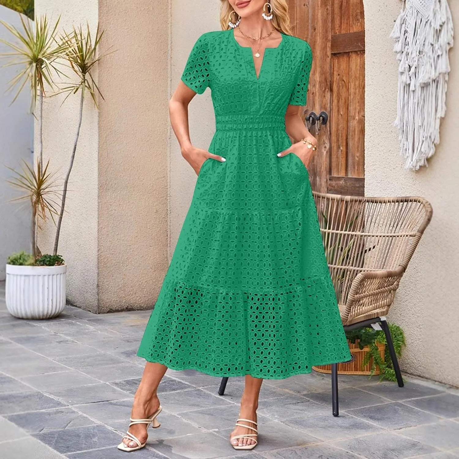 Borniu Womens 2025 Summer Maxi Dress Short Sleeve V Neck Hollow Out Eyelet A Line Long Flowy Swing Beach Vacation Dresses