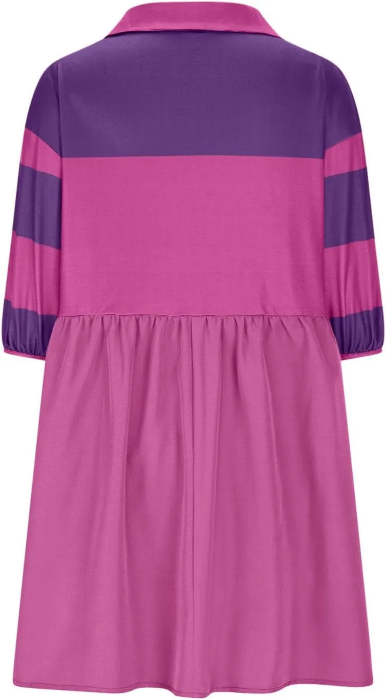 Borniu Women's Summer Short Sleeve Color Block Lapel Baggy Mini Dress Cute Babydoll Ruffle Pleated A Line Tunic Dresses