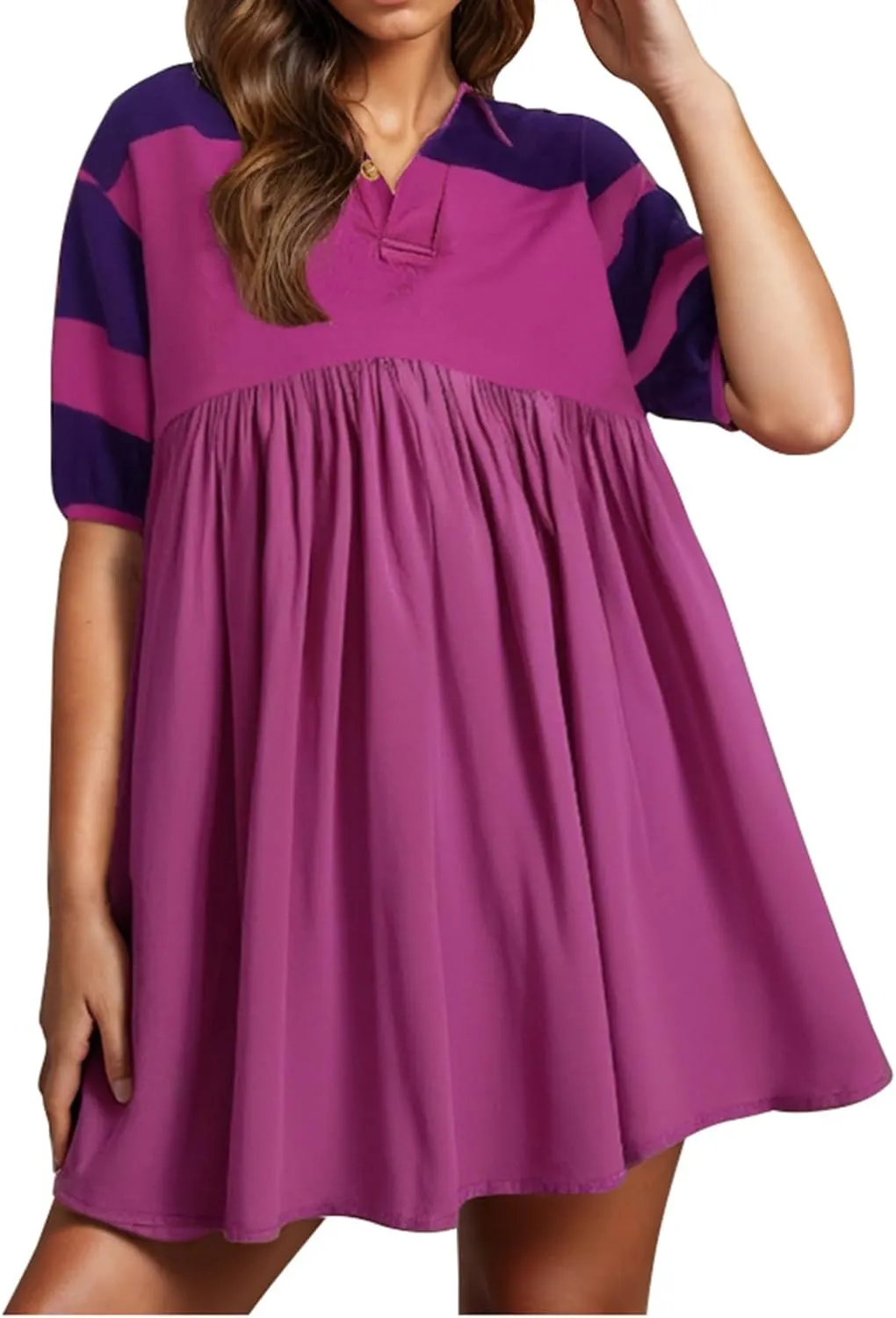 Borniu Women's Summer Short Sleeve Color Block Lapel Baggy Mini Dress Cute Babydoll Ruffle Pleated A Line Tunic Dresses