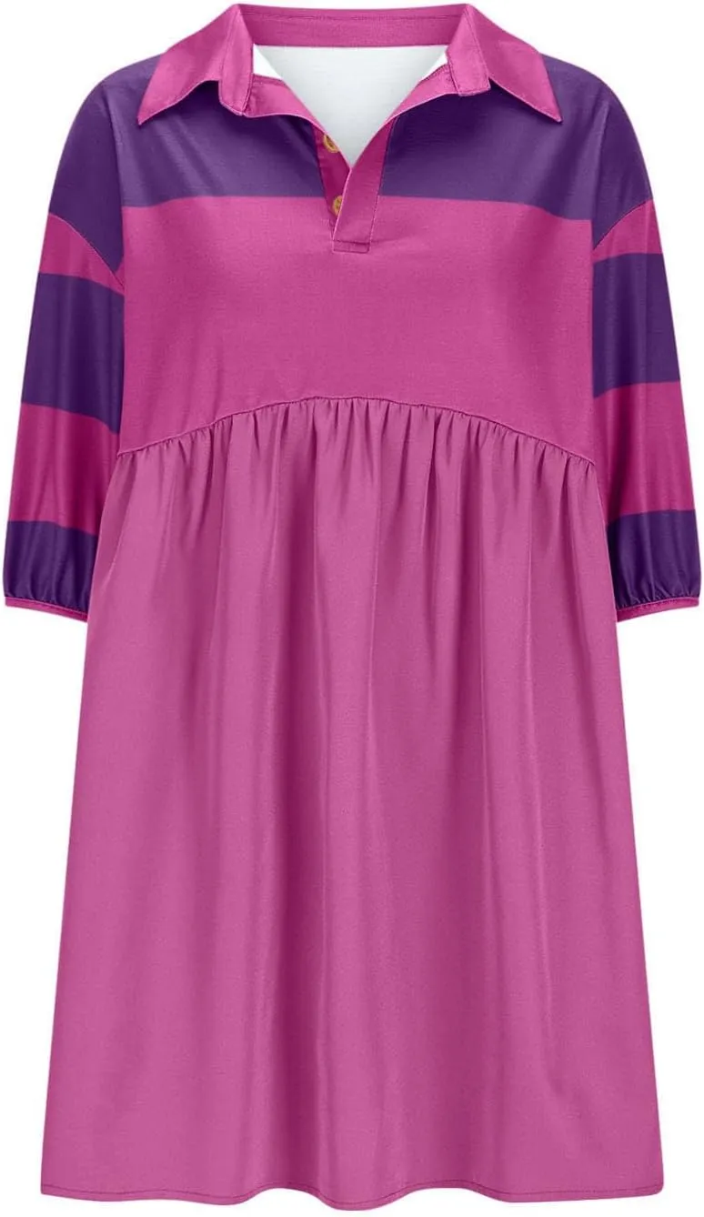 Borniu Women's Summer Short Sleeve Color Block Lapel Baggy Mini Dress Cute Babydoll Ruffle Pleated A Line Tunic Dresses