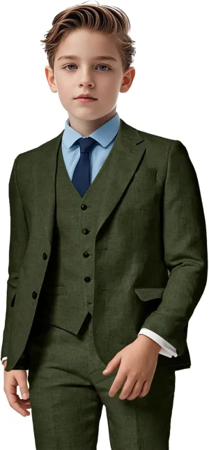 Boys Linen Suit 3 Piece, Summer Slim Fit Suits for Kids Beach Wedding Tuxedo Jacket Vest Pant