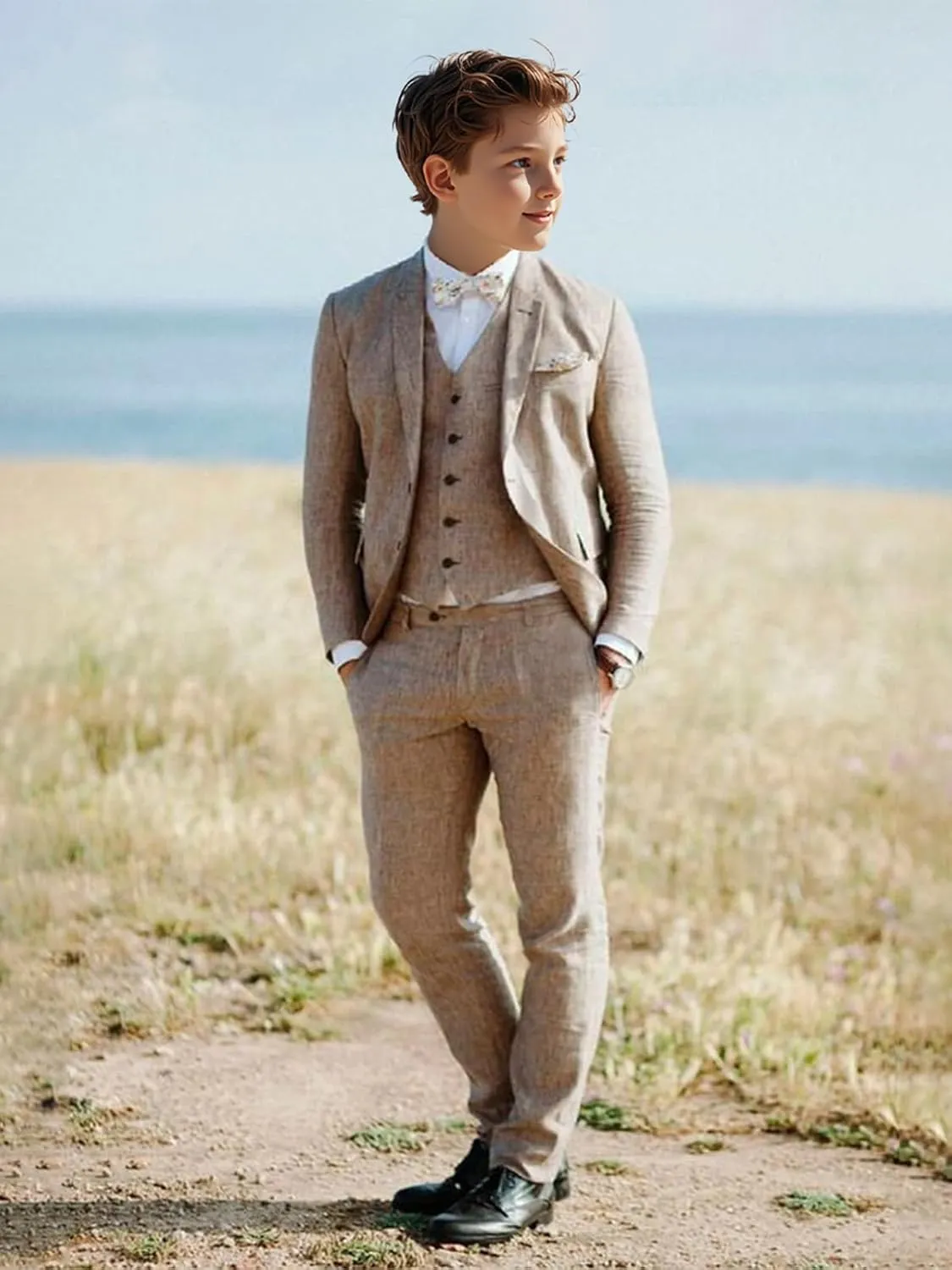 Boys Linen Suit 3 Piece, Summer Slim Fit Suits for Kids Beach Wedding Tuxedo Jacket Vest Pant