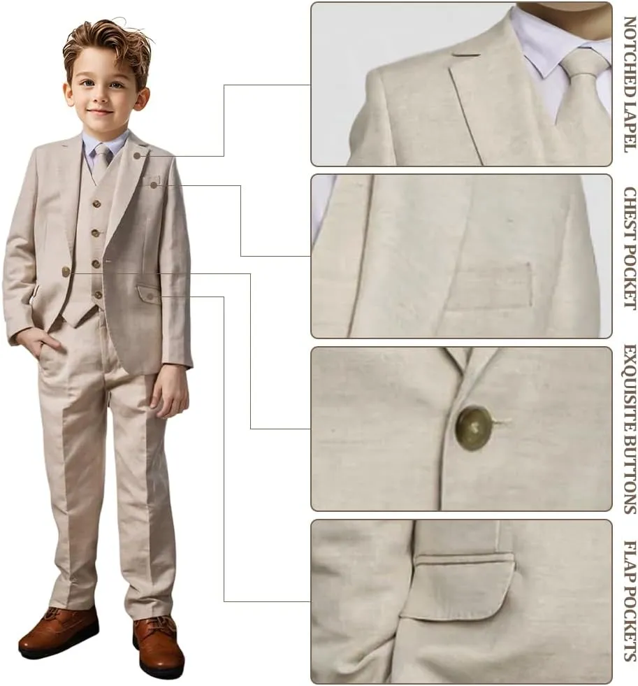 Boys Linen Suit 3 Piece, Summer Slim Fit Suits for Kids Beach Wedding Tuxedo Jacket Vest Pant