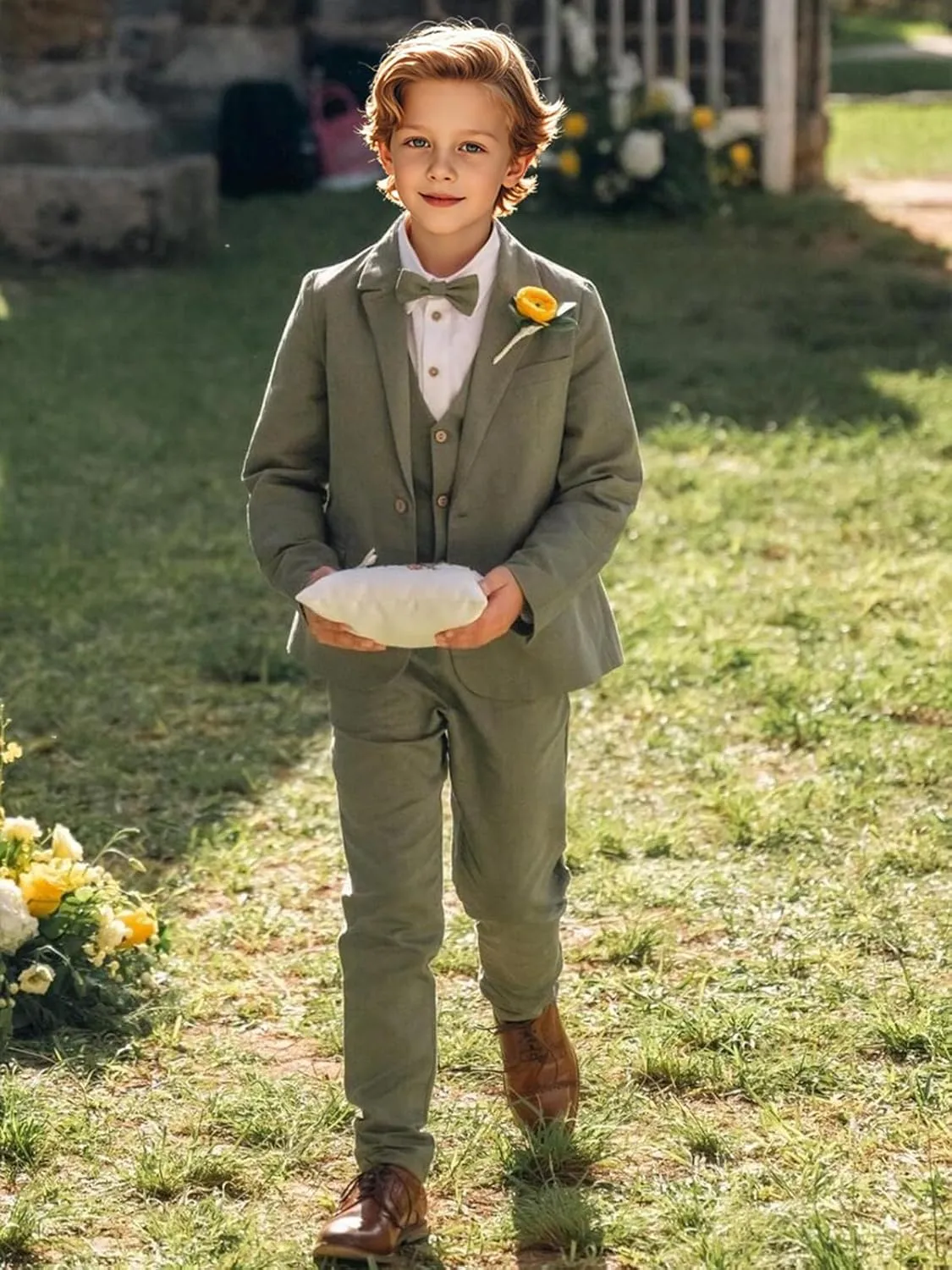 Boys Linen Suit 3 Piece, Summer Slim Fit Suits for Kids Beach Wedding Tuxedo Jacket Vest Pant