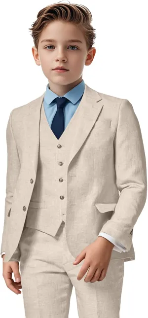 Boys Linen Suit 3 Piece, Summer Slim Fit Suits for Kids Beach Wedding Tuxedo Jacket Vest Pant