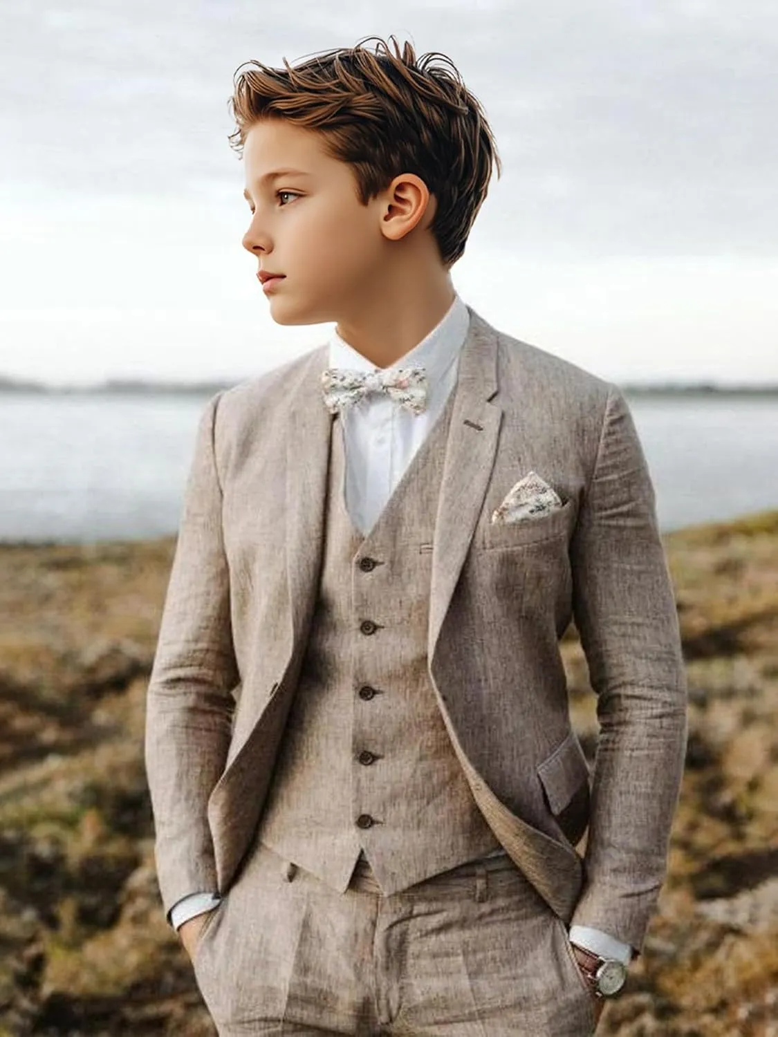 Boys Linen Suit 3 Piece, Summer Slim Fit Suits for Kids Beach Wedding Tuxedo Jacket Vest Pant