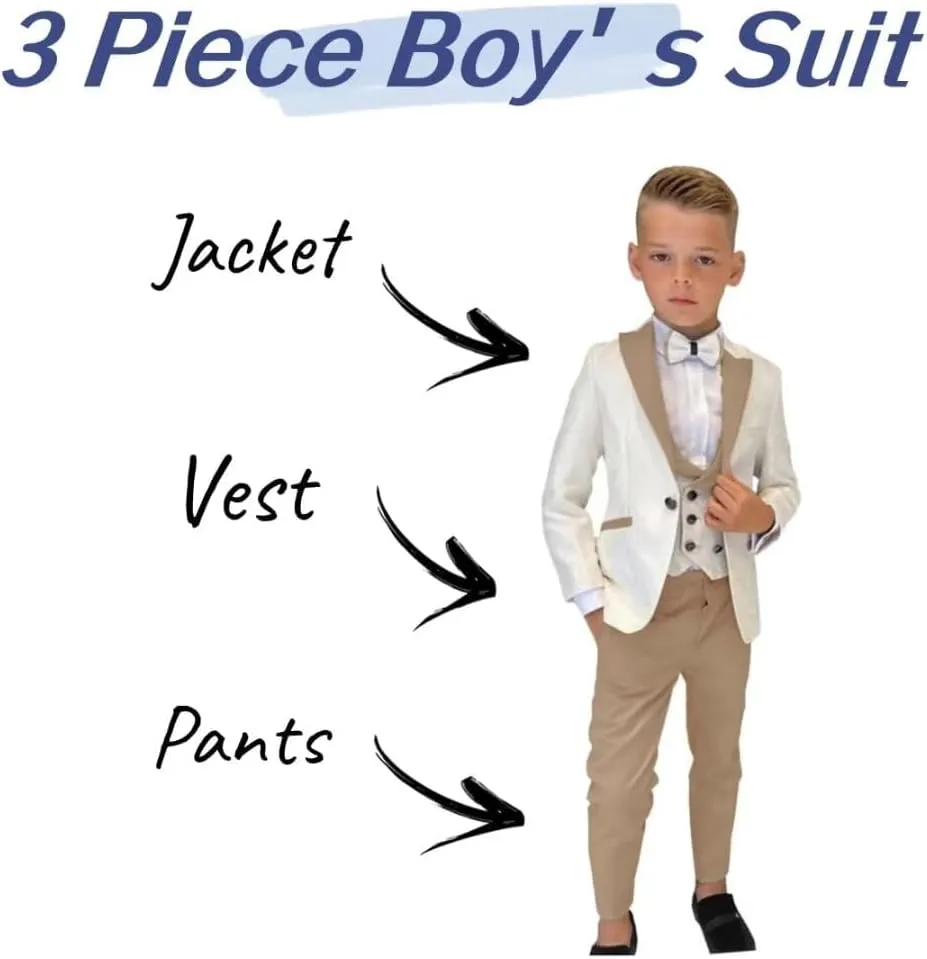 Boys Suit 3 Piece Slim Fit Tuxedo Suits for Boys Formal Wedding Suit Jacquard Blazer Vest Pants Set for Dinner Party Prom