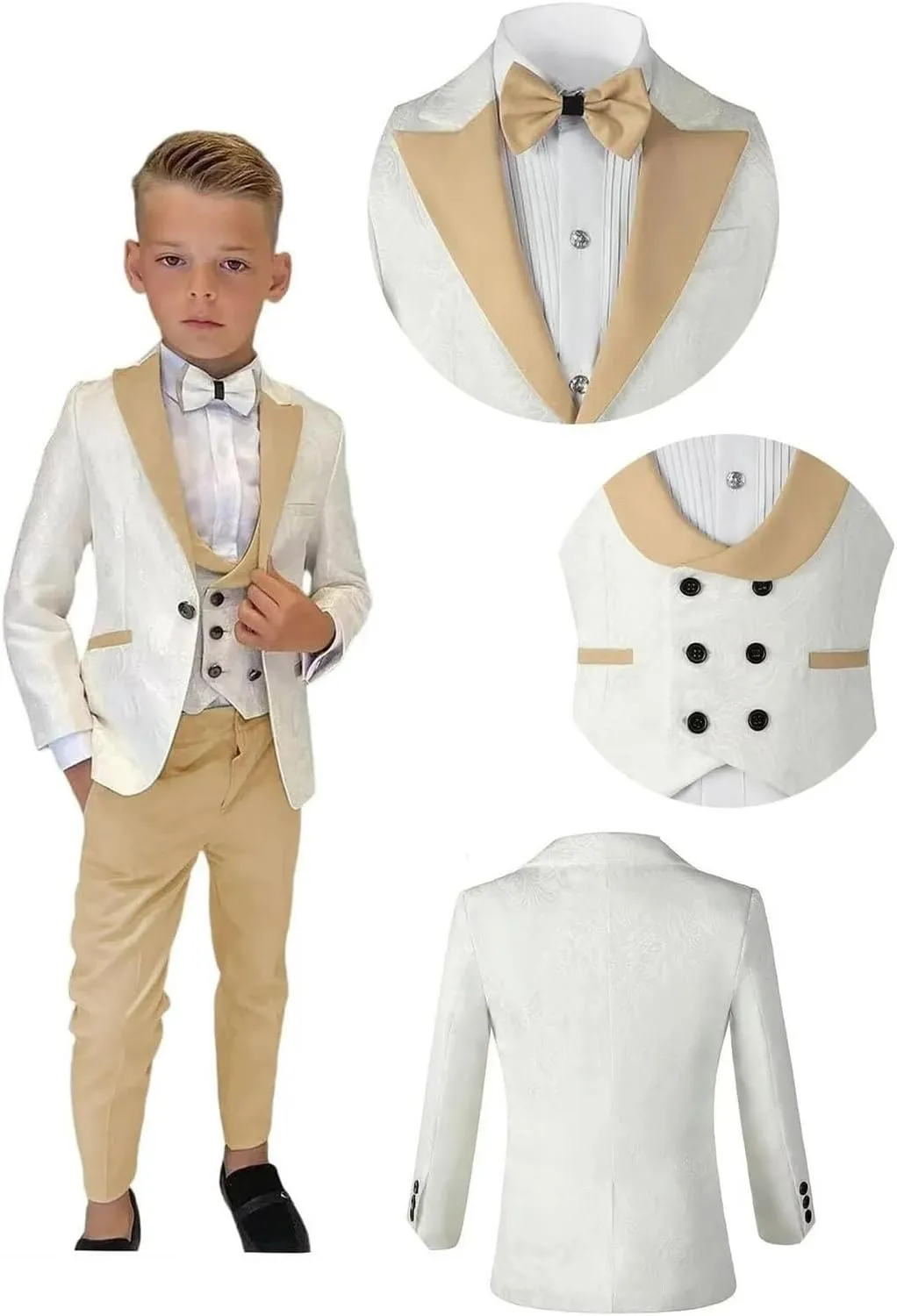 Boys Suit 3 Piece Slim Fit Tuxedo Suits for Boys Formal Wedding Suit Jacquard Blazer Vest Pants Set for Dinner Party Prom