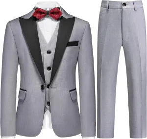 Boys Suits 3 Piece Slim Fit Formal Set One Button Solid Tuxedo Jacket Vest Pant for Kids Prom Wedding 4-16 Years Peak Lapel