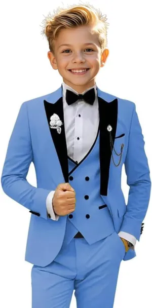Boys Tuxedo Suit 3 Piece Peak Lapel Slim Fit Suit for Boy Classic Jacket Double Breasted Vest Pants Set Wedding Prom