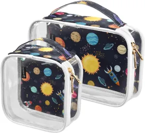 Carton-space Print 2 Pack Clear Toiletry Bag Women Men, Portable Waterproof Clear Pouch, Cosmetic Bag with Double Zippers Large Opening Traveling with Handle for Bathroom Traveling Vacation Organizing