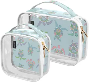 Cartoon Sea-turtles Texture 2 Pack Clear Toiletry Bag Women Men, Portable Waterproof Clear Pouch, Cosmetic Bag with Double Zippers Large Opening Traveling with Handle for Bathroom Traveling Vacation O