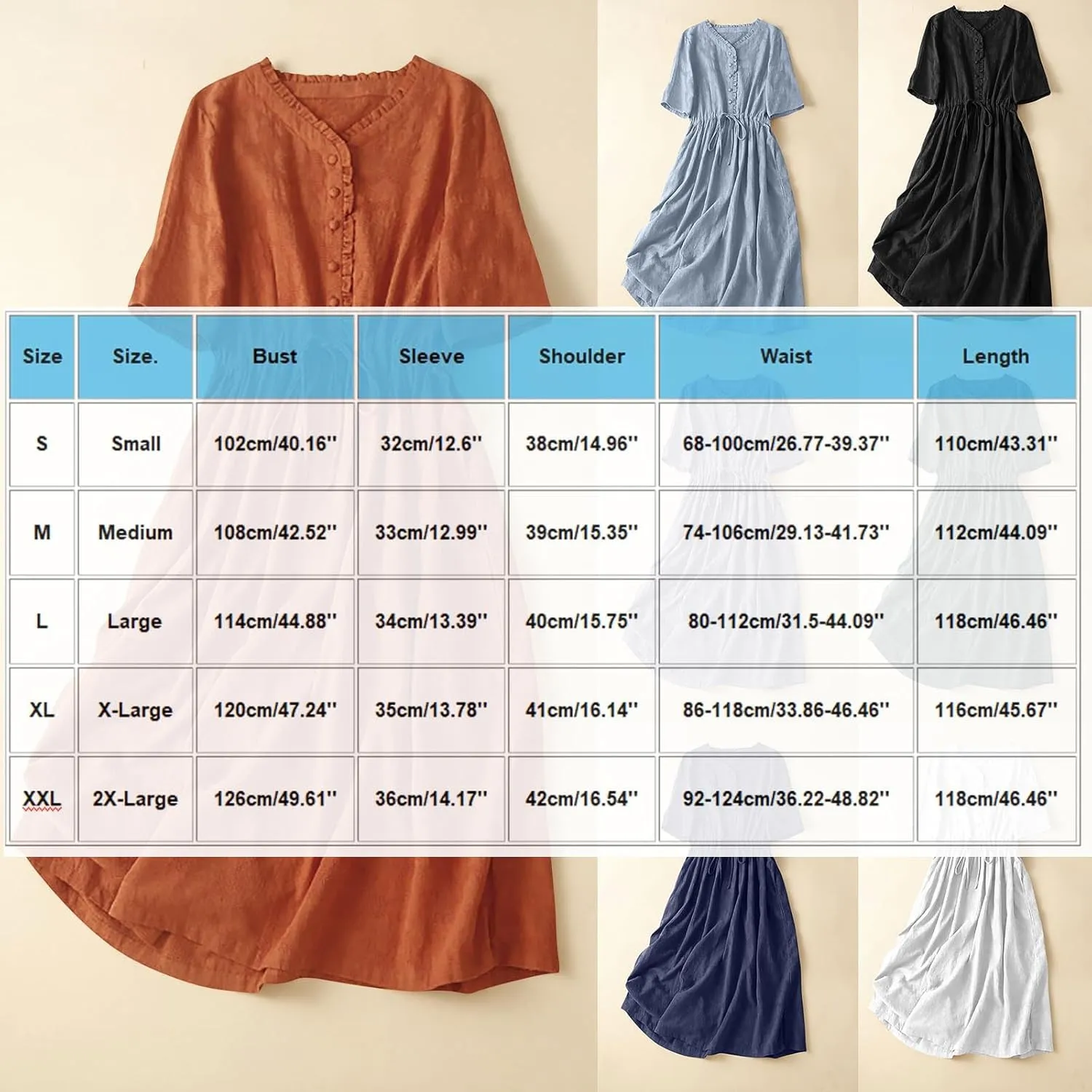 Casual Cotton Summer Dress Loose Short Sleeve V-Neck Button Sundress Fashion Solid Color Vacation Beach Dresses