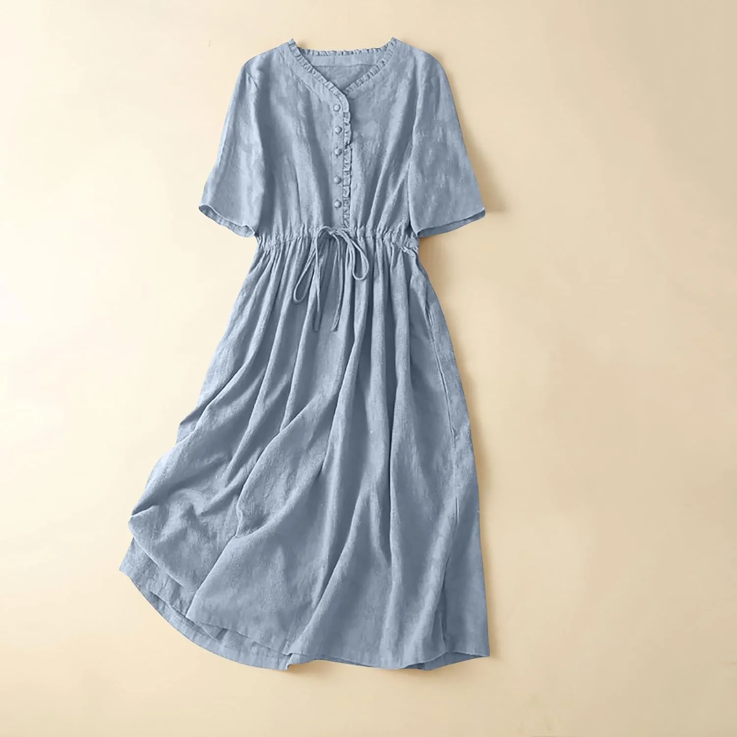 Casual Cotton Summer Dress Loose Short Sleeve V-Neck Button Sundress Fashion Solid Color Vacation Beach Dresses