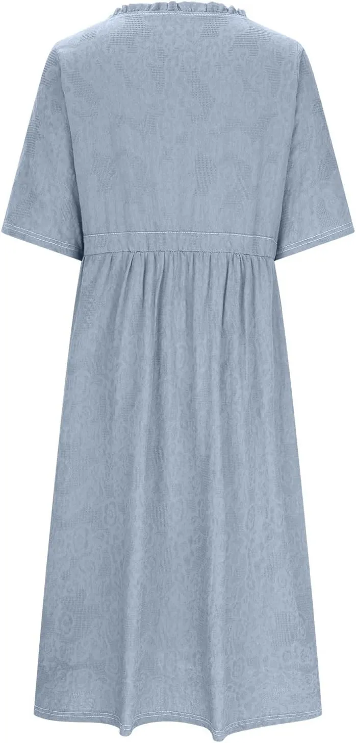 Casual Cotton Summer Dress Loose Short Sleeve V-Neck Button Sundress Fashion Solid Color Vacation Beach Dresses