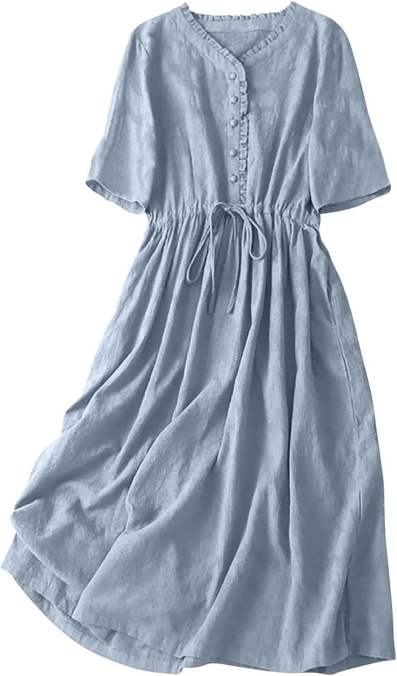 Casual Cotton Summer Dress Loose Short Sleeve V-Neck Button Sundress Fashion Solid Color Vacation Beach Dresses